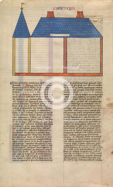 Elevation of Solomon's Temple, one of six illustrated leaves from the Postilla..., ca. 1360-1380. Creator: Nicholas of Lyra.