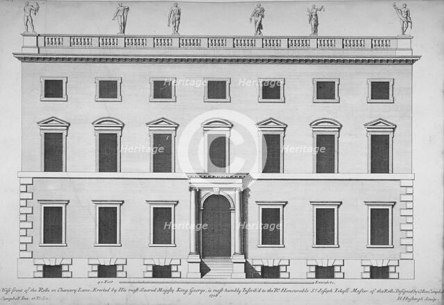 Elevation of the west front of the Rolls Office, Chancery Lane, City of London, 1718. Artist: Hendrick Hulsbergh