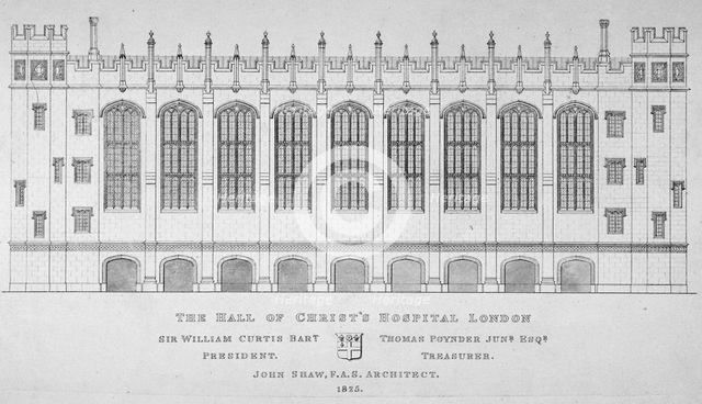 Elevation of the hall of Christ's Hospital, City of London, 1825. Artist: Anon