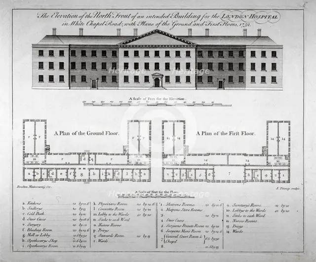 Elevation of the north front and plans of London Hospital, Whitechapel, London, 1752. Artist: John Tinney