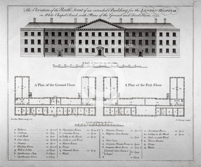 Elevation of the north front and plans of London Hospital, Whitechapel, London, 1752. Artist: John Tinney