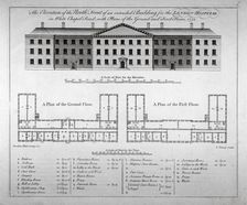 Elevation of the north front and plans of London Hospital, Whitechapel, London, 1752. Artist: John Tinney