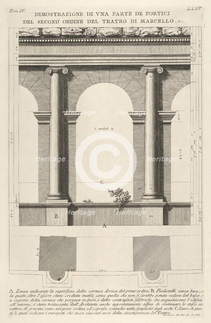 Elevation and plan of the second-order portico at the Theater of Marcellus (Teatro di Marc..., 1756. Creator: Giovanni Battista Piranesi.