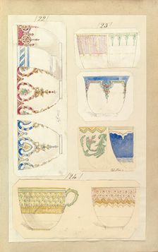 Eleven Designs for Decorated Cups, including Venice and Celestial Patterns, ca. 1852. Creator: Alfred Crowquill