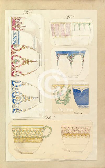 Eleven Designs for Decorated Cups, including Venice and Celestial Patterns, ca. 1852. Creator: Alfred Crowquill.
