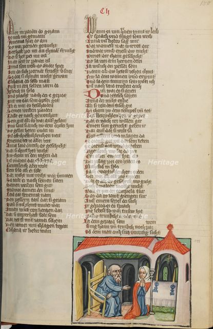 Eli and Hannah in the Temple; Weltchronik, about 1400-1410. Creator: Unknown.