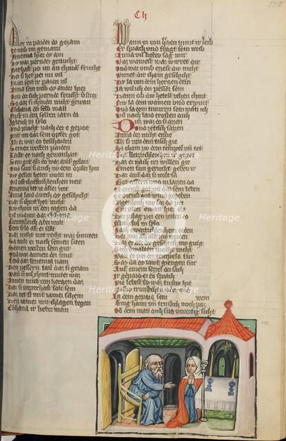 Eli and Hannah in the Temple; Weltchronik, about 1400-1410. Creator: Unknown.