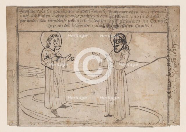 Elias and Enoch Descend from Heaven, from a Quindecim signa extremi judicii diem ..., ca. 1465-1475. Creator: Anon.
