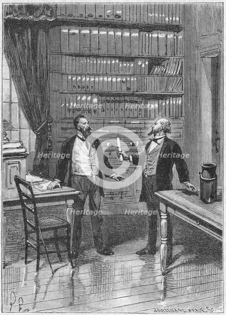 Elisha Gray, American inventor, presenting the caveat for his telephone, 1876, (c1890). Creator: Unknown.