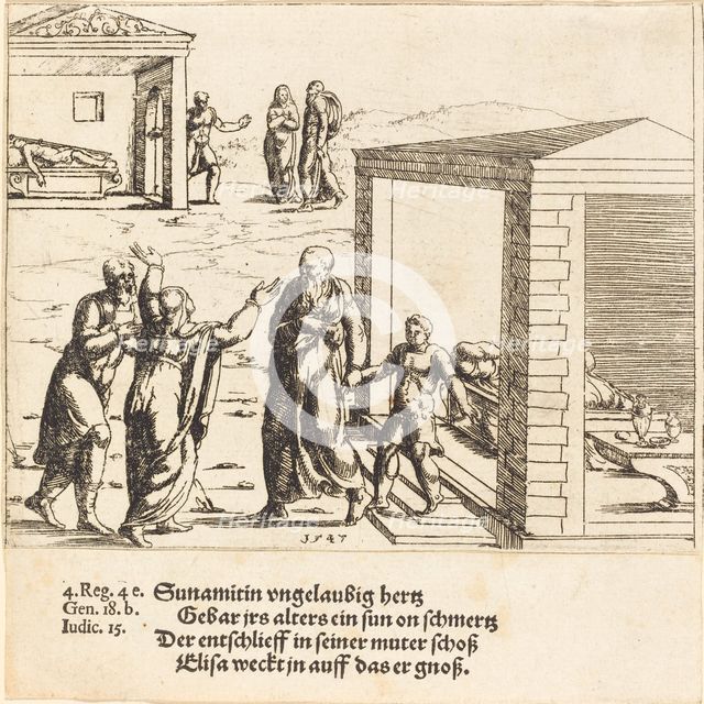 Elisha Raises the Son of the Shunammite, 1547. Creator: Augustin Hirschvogel.
