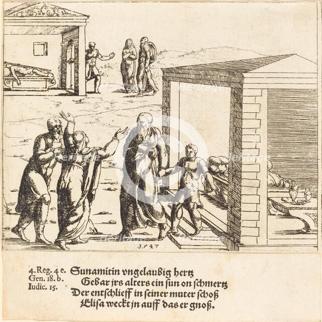 Elisha Raises the Son of the Shunammite, 1547. Creator: Augustin Hirschvogel.