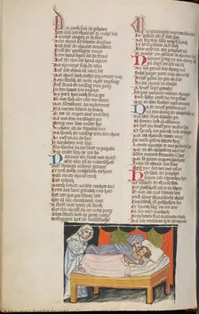 Elisha Raising a Woman's Dead Child; Weltchronik, about 1400-1410. Creator: Unknown