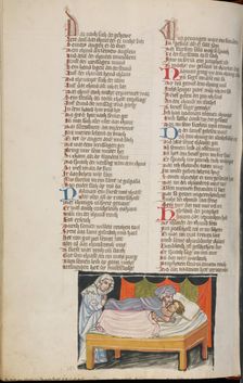 Elisha Raising a Woman's Dead Child; Weltchronik, about 1400-1410. Creator: Unknown