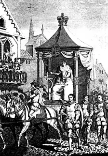 Elizabeth I on her way to open the first Royal Exchange, London, 23 January 1571 (c1680)