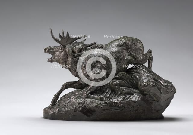 Elk Surprised by a Lynx, model 1841, cast by 1873. Creator: Antoine-Louis Barye.
