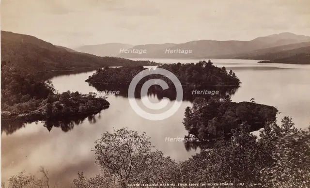 Ellen's Isle from above the Silver Strand, Loch Katrine, between 1870 and 1880. Creator: George Washington Wilson.