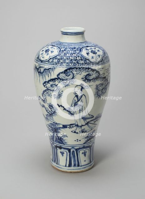 Elongated Bottle-Vase (Meiping) with a Scholar-Gentleman and Attendant, Ming dynasty, 15th cent. Creator: Unknown.