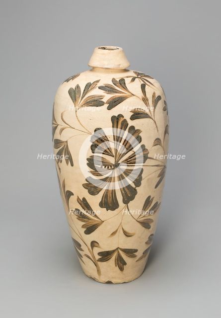 Elongated Bottle Vase (Meiping) with Peony Sprays, Jin dynasty (1115-1234), 12th/13th century. Creator: Unknown.
