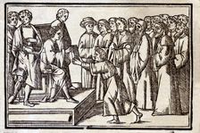Epigrams by Marcus Valerius Martial, engraving representing Martial delivering a copy of his w…