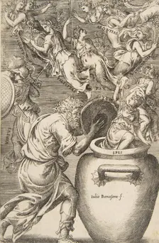 Epimetheus opening Pandora's box, 1531-76. Creator: Giulio Bonasone