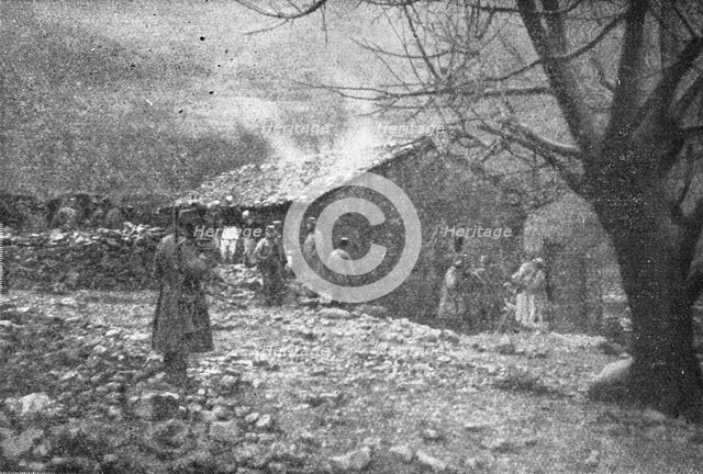 'Episodes de la retraite de la IIIe armee; La masure albanaise ou le vieux roi Pierre..., 1916. Creator: R. Marianovitch.