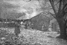 Episodes de la retraite de la IIIe armee; La masure albanaise ou le vieux roi Pierre..., 1916. Creator: R. Marianovitch