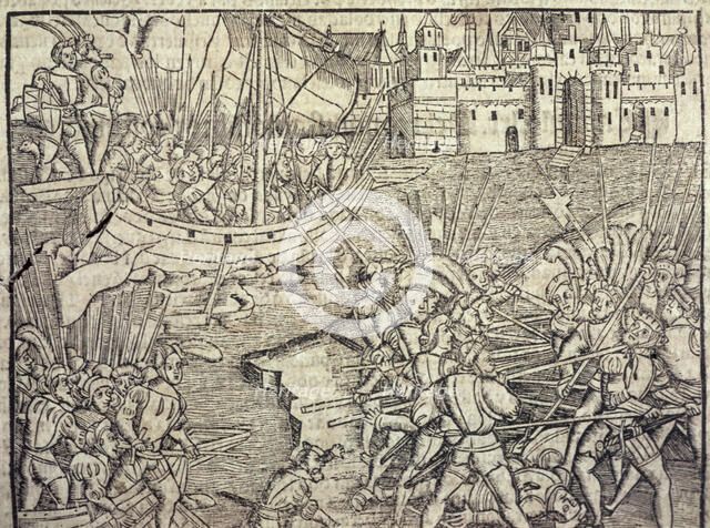 Episodes of the conquest of Peru, illustration from the book 'Historia General de las Indias y Nu…