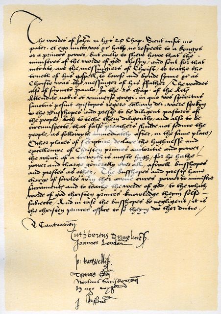 Episcopal Declaration of Archbishop Crammer and seven other English bishops, c1537.Artist: Thomas Cranmer