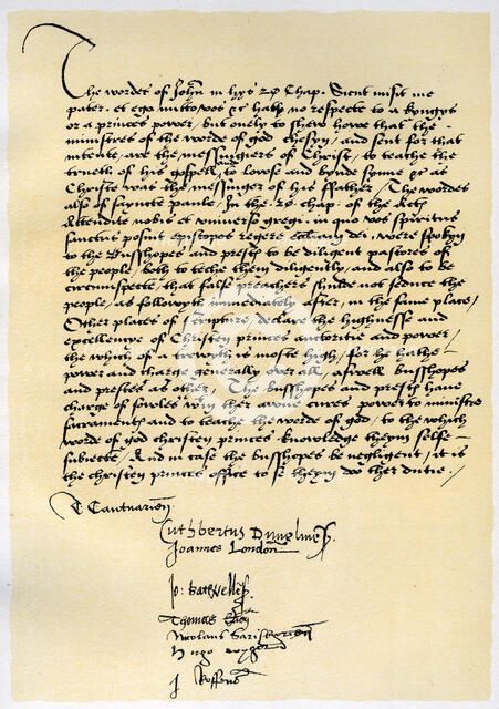 Episcopal Declaration of Archbishop Crammer and seven other English bishops, c1537.Artist: Thomas Cranmer