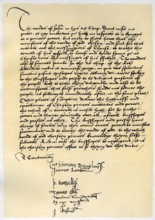 Episcopal Declaration of Archbishop Crammer and seven other English bishops, c1537.Artist: Thomas Cranmer