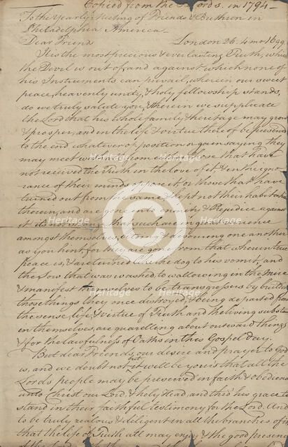 Epistle from the yearly meeting of Friends Brethren in Philadelphia, 1699. Creator: Unknown.