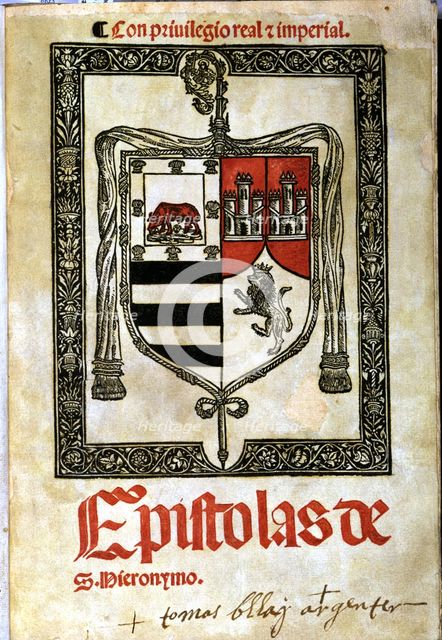 Epistles of St. Jerome, cover in two colours with large coat of arms of the Abbess Maria Enriquez…