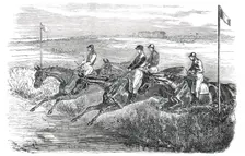 Epsom Spring Meeting - Great Metropolitan Steeple-Chase: the Jump at the Brook, 1850. Creator: Smyth