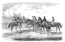 Epsom Spring Meeting...Preparing to Start for the Great Metropolitan Stakes, 1850. Creator: Unknown
