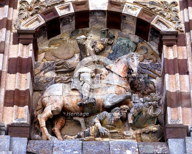 Equestrian figure on the façade of the Monastery of San Pedro de Cardena, Trappist abbey located …