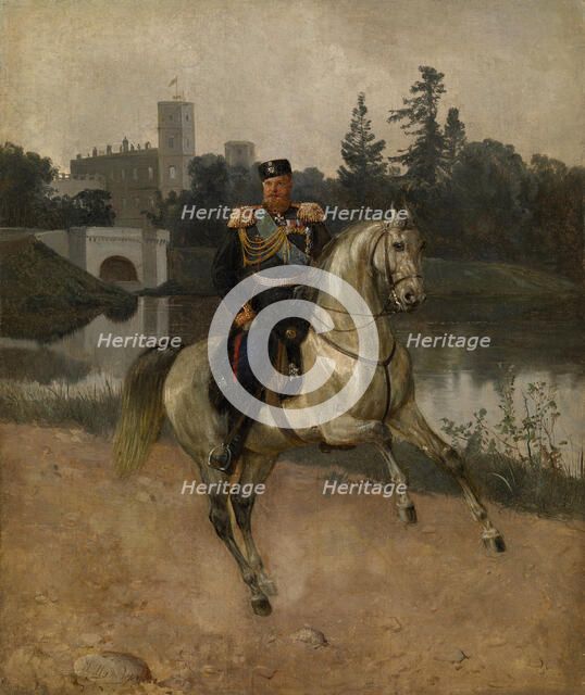 Equestrian portrait of the Emperor Alexander III (1845-1894) at Gatchina. Artist: Schilder, Nikolai Gustavovich (1828-1898)