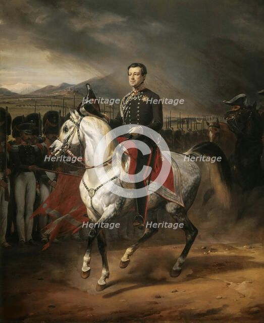 Equestrian portrait of Charles Albert (1798-1849), King of Sardinia, 1834. Creator: Vernet, Horace (1789-1863).