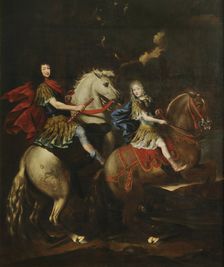 Equestrian portrait of Charles Emmanuel II of Savoy (1634-1675) with his son Victor... , c1675. Creator: Brambilla, Giovanni Battista (active 1770)