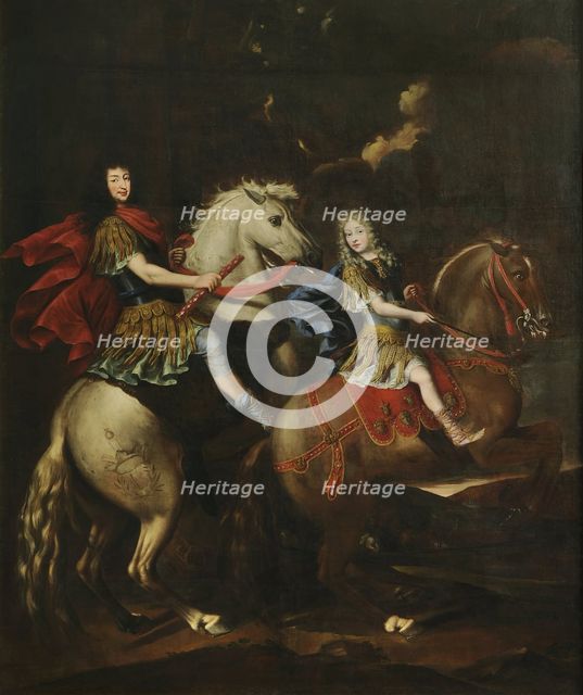 Equestrian portrait of Charles Emmanuel II of Savoy (1634-1675) with his son Victor... , c1675. Creator: Brambilla, Giovanni Battista (active 1770).