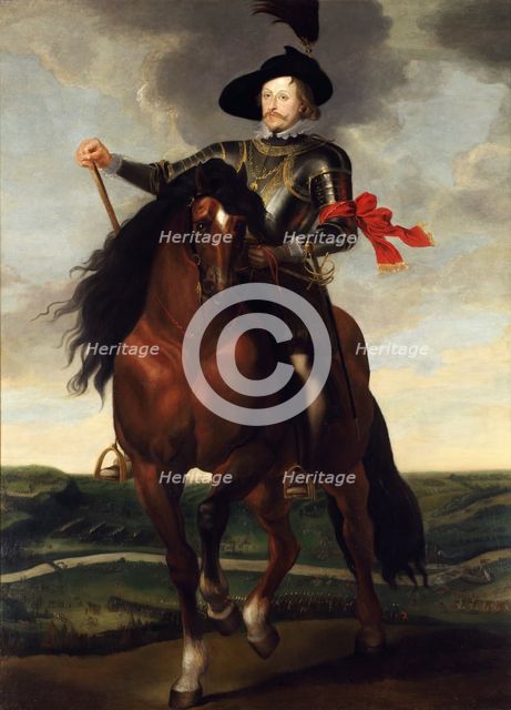 Equestrian portrait of Crown Prince Wladyslaw Vasa with the Battle of Khotyn in the background, ca 1 Artist: Rubens, Peter Paul, (School)  