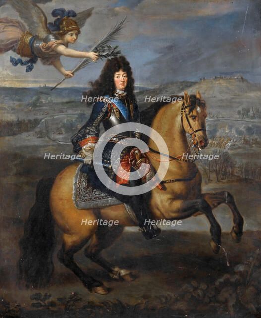 Equestrian portrait of Louis XIV at the Siege of Namur. Artist: Mignard, Pierre (1612-1695)