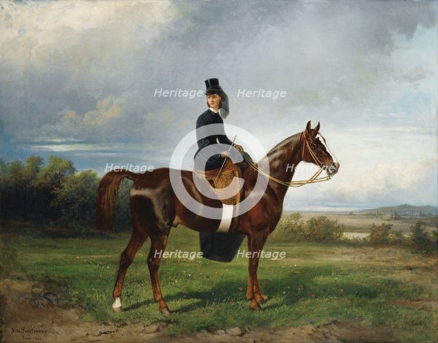 Equestrian Portrait of Seymourina Poirson, née Cuthbertson, 1863. Artist: Sverchkov, Nikolai Yegorovich (1817-1898)