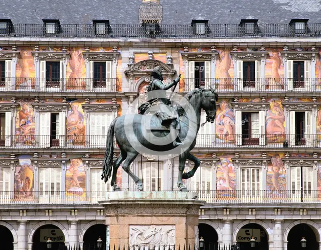 Equestrian statue of King Philip III, Plaza Mayor, Madrid, Spain. Creator: Peter Thompson.