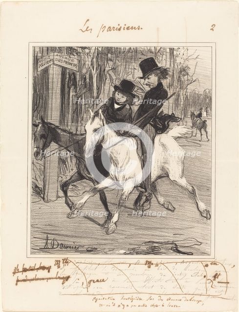 Équitation boutiquière sur des chevaux de louage, et où il n'y a pas autre chose à louer, 1839. Creator: Honore Daumier.