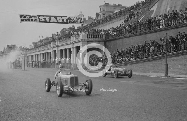 ERA of Earl Howe and Alta of CK Mortimer competing in the Brighton Speed Trials, 1938. Artist: Bill Brunell.