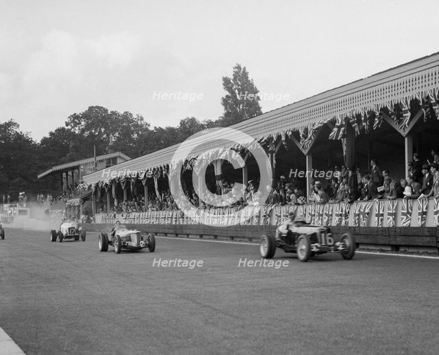 ERA of Raymond Mays and Riley of Percy Maclure racing at Crystal Palace, London, 1939. Artist: Bill Brunell.