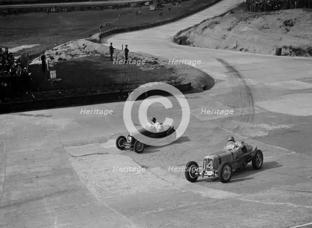 ERA and Maserati racing at Brooklands, 1938 or 1939. Artist: Bill Brunell.