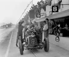 ERA R4C of Raymond Mays refuelling in the pits, JCC International Trophy, Brooklands, Surrey, 1937. Artist: Bill Brunell