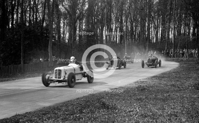 ERA, Vale Special of Ian Connell, Bugatti and MG Q type, Donington Park, Leicestershire, c1930s. Artist: Bill Brunell.