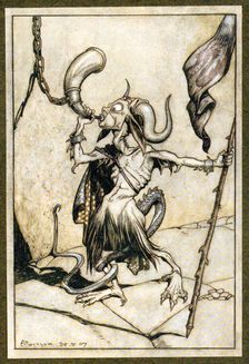 Ere the horn at the Gate of the Barbican Tower, was blown with a loud twenty-trumpeter power, 1907 Creator: Arthur Rackham (1867 - 1939)